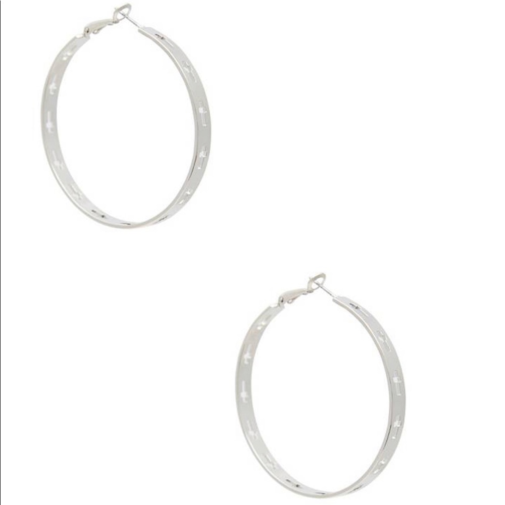 BEAUTIFUL SILVER-TONE CUTOUT CROSS HOOP EARRINGS